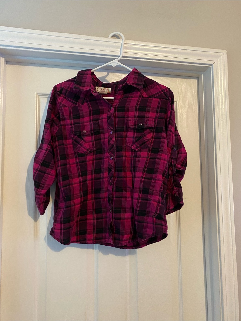 OP Ladies Magenta and Black Plaid Button-Down Shirt